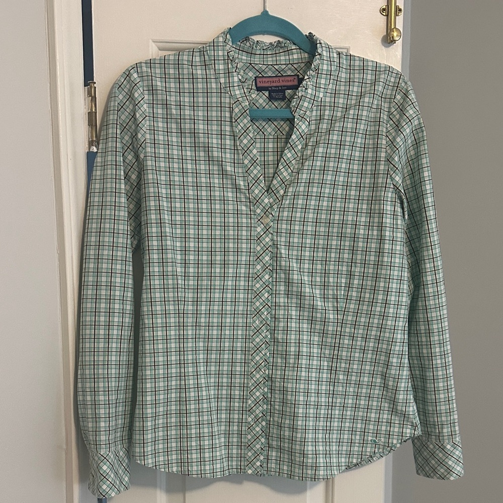 Vineyard Vines Mint Green Plaid Ruffle-Trim Button Shirt